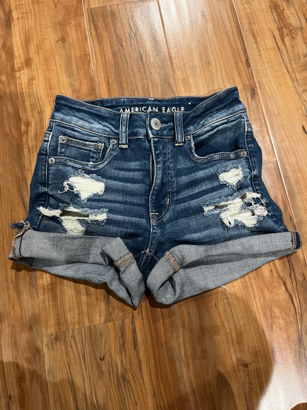 American Eagle Outfitters Indigo Distressed Rolled Cuff Denim Shorts